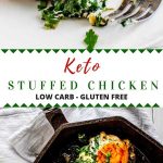 Long pin with two images and the title Keto Stuffed Chicken in the center. The top image is a close up photo of the chicken and the bottom is two pieces of chicken in a cast iron skillet.
