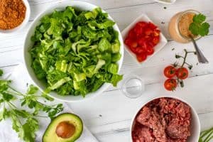 Photo of the ingredients needed for Keto Taco Salad.