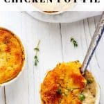 Photo of a Keto Chicken Pot Pie in a small white dish with a fork in it and the recipe title at the top.