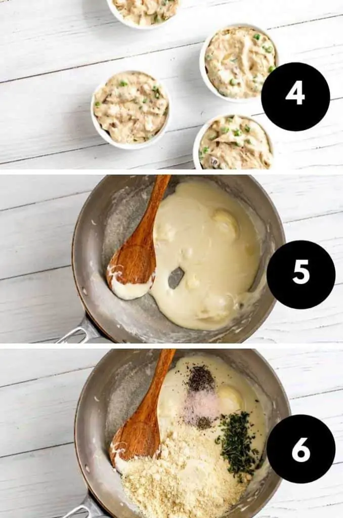Photos of steps four, five, and six in making chicken pot pie.