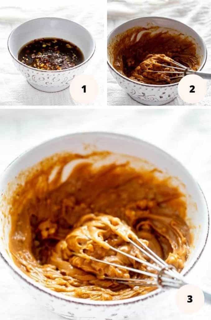 Step by step photo of how to make Keto Peanut Sauce - three photos of the sauce being made in a small white bowl.