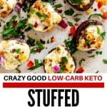Overhead photo of an off-white plate of stuffed mushrooms garnished with parsley and the text below "Crazy Good Low Carb Keto Keto Stuffed Mushrooms"