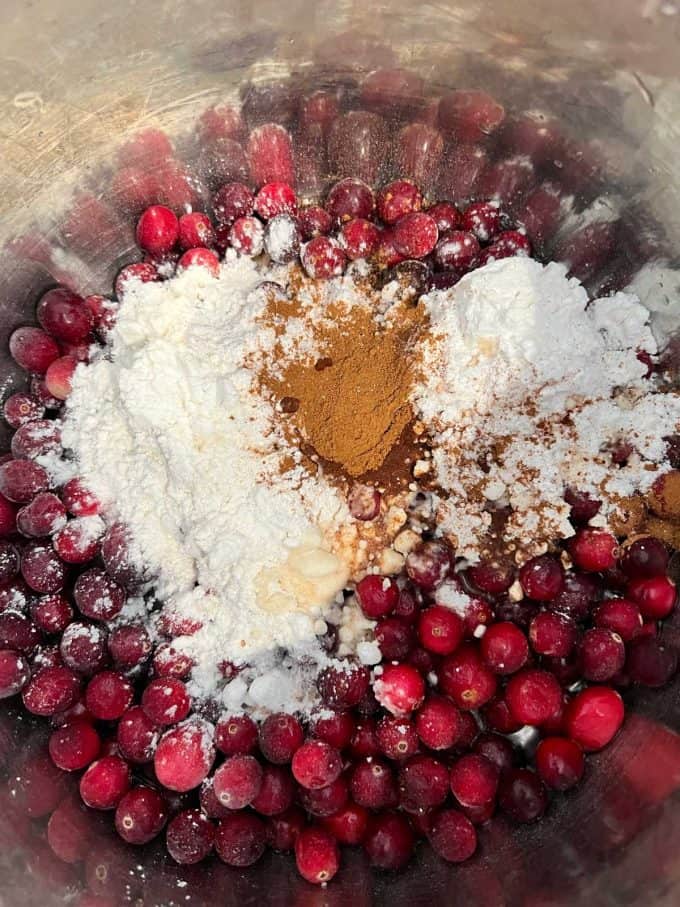 Overhead photo of cranberries, water, swerve, cinnamon and salt in an Instant Pot.