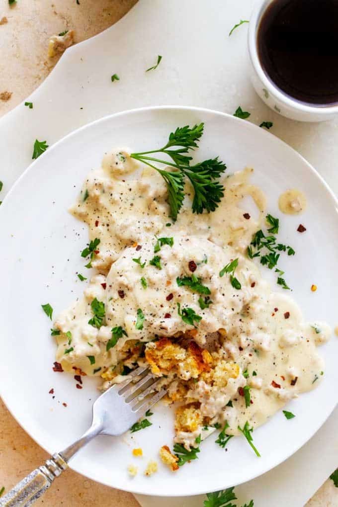 Photo of a plate of keto biscuits and gravy.
