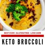 Overhead photo of Keto Broccoli Cheese Soup with the recipe title printed beneath the photo.