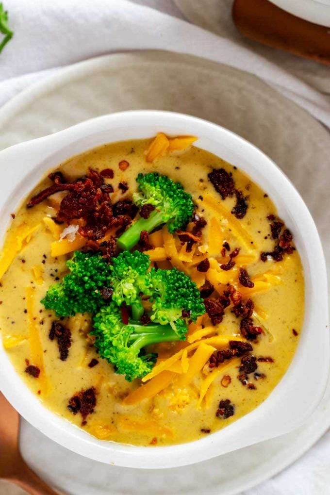 Overhead photo of a bowl of keto broccoli cheese soup.