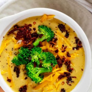 Close-up overhead photo of Keto Broccoli Cheese Soup.