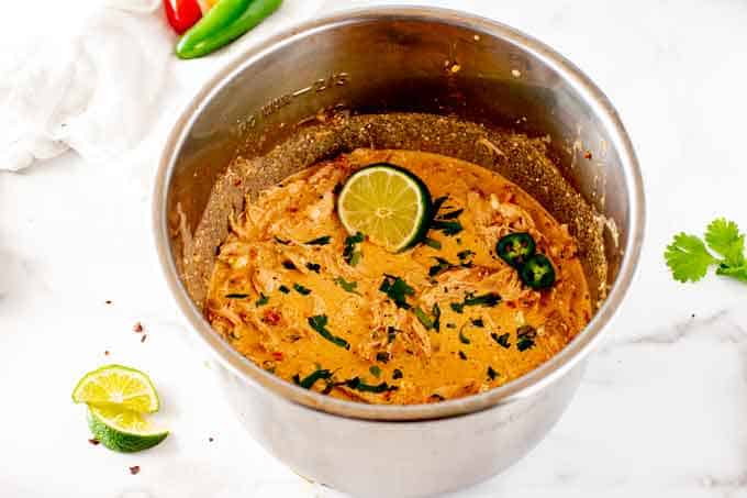 Photo of creamy salsa chicken in an Instant Pot.