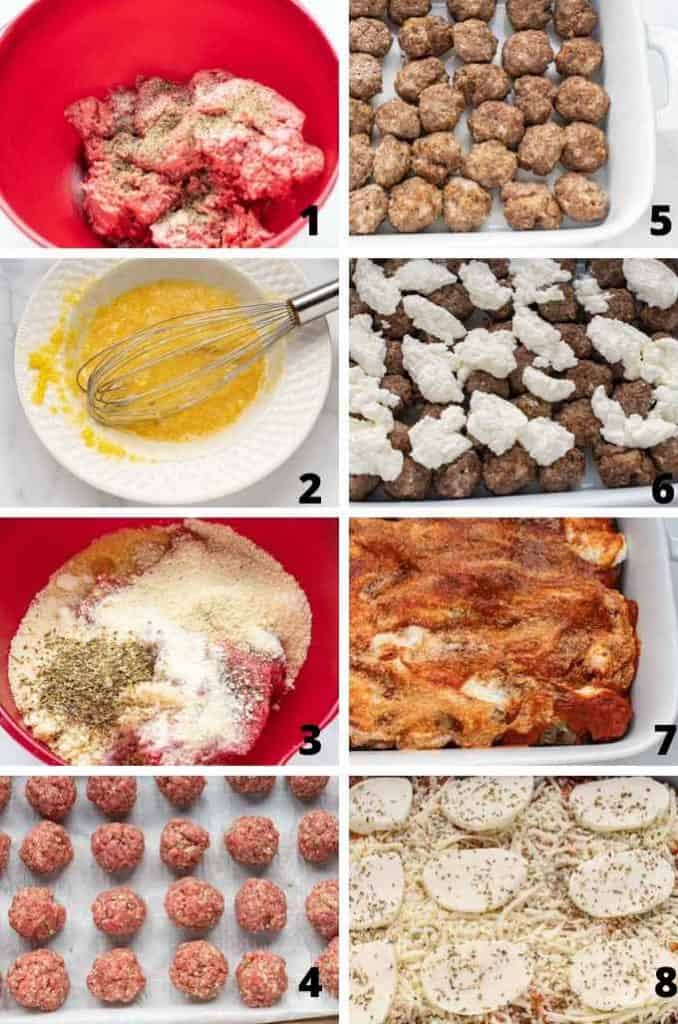 Photo of step by step process images of making a Low Carb Meatball Casserole.