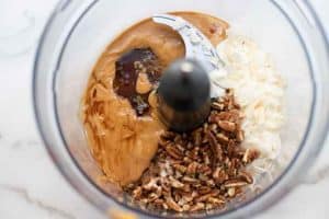 Overheat photo of peanut butter, sugar free syrup, pecans and coconut in a food processor.