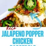 Close up photo of a spoon of a cheesy casserole with the text overlay that says Keto Jalapeno Popper Chicken Casserole Get the Recipe.