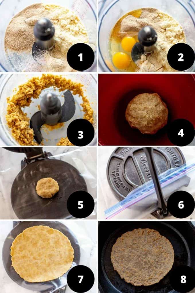 Photo collage with eight step by step photos of the process of making almond flour tortillas.