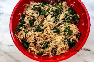 Photo of shredded chicken, bacon, and chopped spinach in a red bowl.