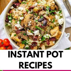 Close up photo of keto instant pot chicken with the text below that says instant pot recipes.