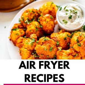Close up photo of keto buffalo wings with the text below that says air fryer recipes.