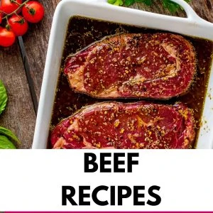 Photo of Keto Steak Marinade in a white dish with the text below that says beef recipes.