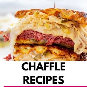 Photo of a reuben chaffle sandwich with the text chaffle recipes below.