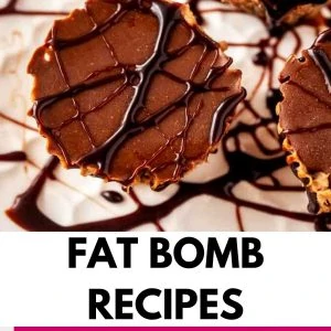 Close up photo of Chocolate Cheesecake Fat Bombs with the text Fat Bomb Recipes below.