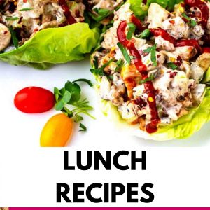 Photo of Keto Chicken Salad in a lettuce cup drizzled with hot sauce with the text that says lunch recipes below.