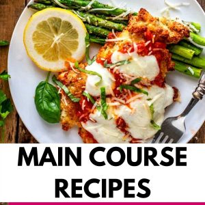 Photo of keto chicken parmesan on a white plate with the text that says Main Course Recipes below.