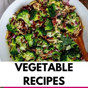 Overhead photo of Low Carb Broccoli Salad with the text that says vegetable recipes below.