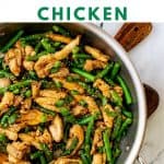 Photo of a skillet of chicken and green beans with the text Keto Teriyaki Chicken above.