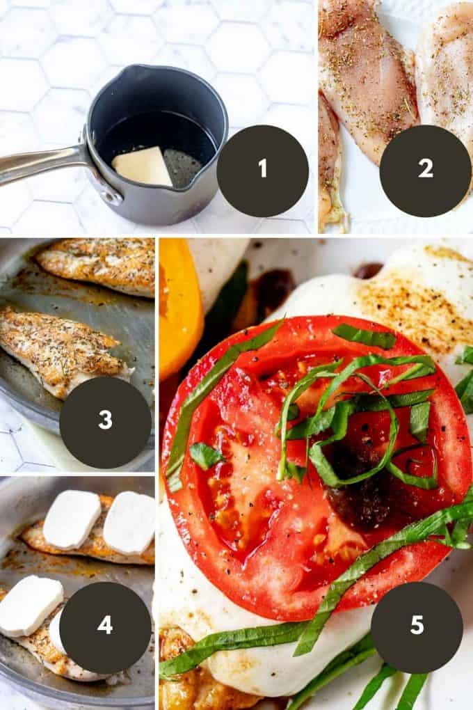 Collage of step by step process images of the steps to make Keto Caprese Chicken.