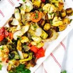 Close up overhead square photo of keto roasted vegetables.