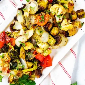 Close up overhead square photo of keto roasted vegetables.