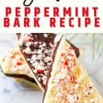 Close up photo of peppermint bark on a white tile background with the text above that says Sugar Free Peppermint Bark.
