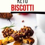 Photo of a white plate with chocolate dipped biscotti on it with the text above that says "The Best Keto Biscotti"