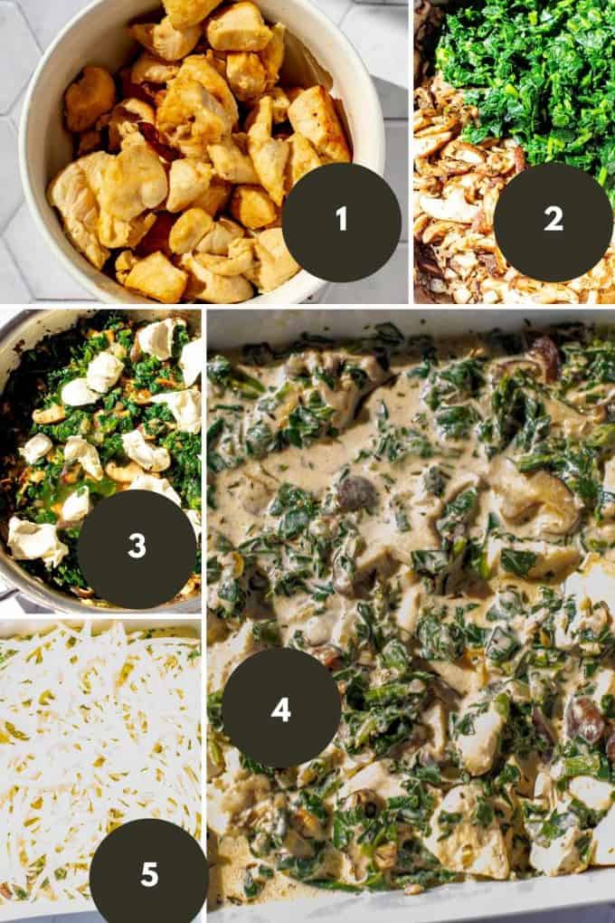 Photo collage of the steps to make Keto Chicken Mushroom Casserole; cooking the chicken, onions, mushrooms, spinach, making the cheese sauce, putting the casserole together.