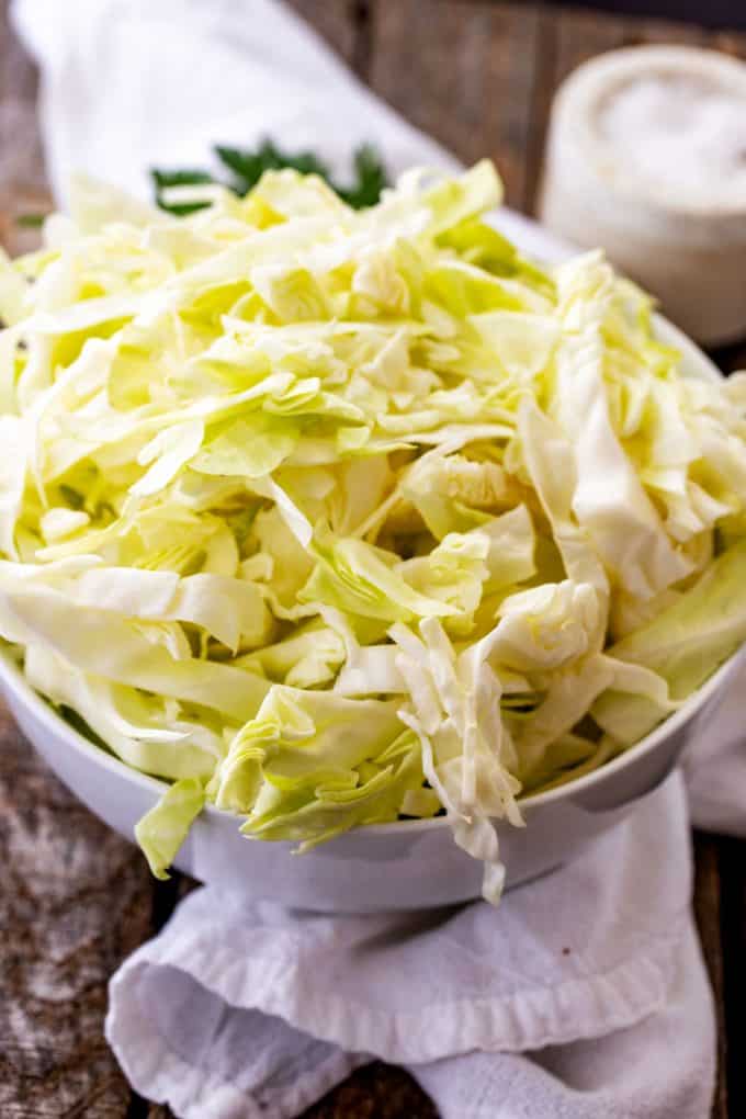 Photo of a white bowl of cabbage that has been shredded into noodle-like shape.