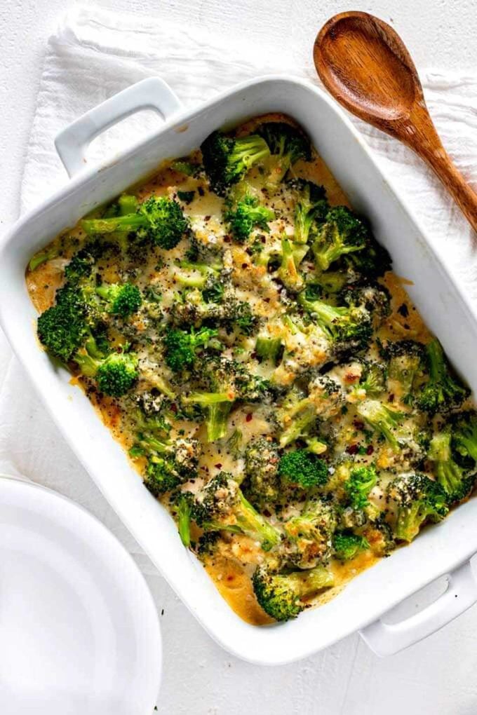 Overhead photo of a keto chicken broccoli casserole in a white casserole dish.