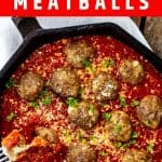 Photo of meatballs in a skillet with the text Keto Stuffed Meatballs above it.