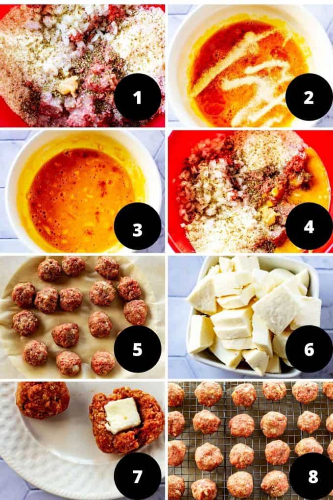 Photo collage of the process shots for making keto stuffed meatballs.