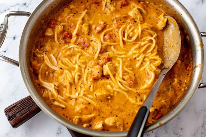 Photo of low carb chicken spaghetti.