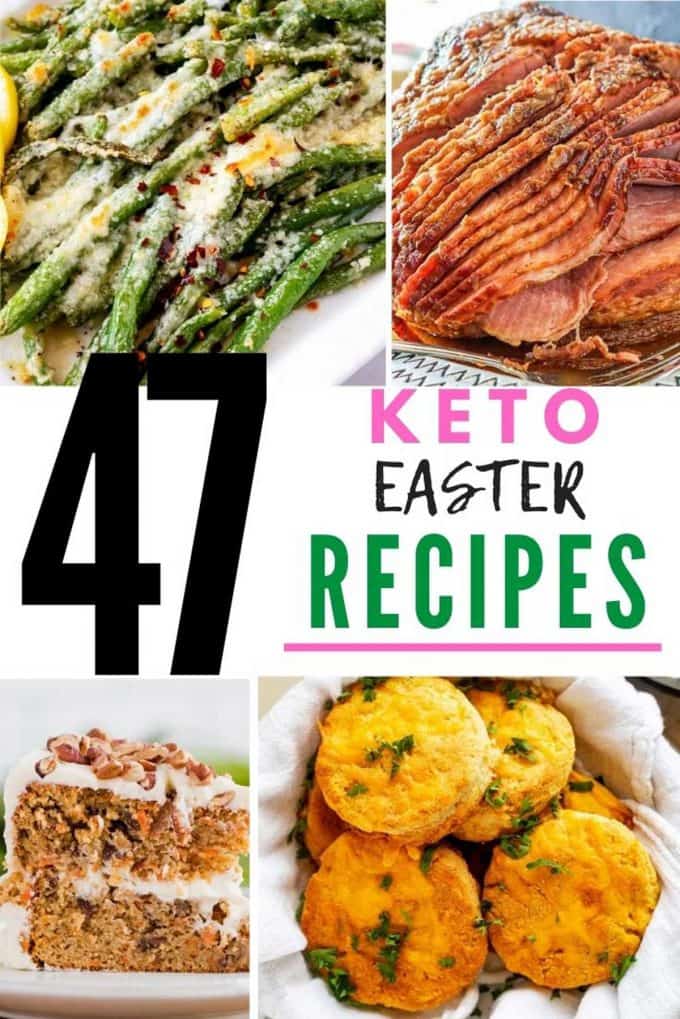 Photo of four recipes with the text that says 47 Keto Easter Recipes in the center.
