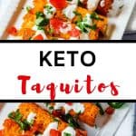 Two photos of cheese shell taquitos with the text in the middle that says Keto Taquitos.
