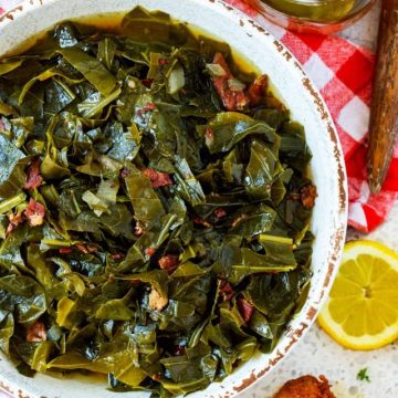 Overhead photo of a rustic bowl of Keto Collard Greens with Bacon.