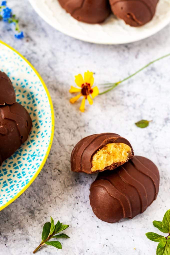Photo of a keto chocolate peanut butter easter egg with a bite out of it.