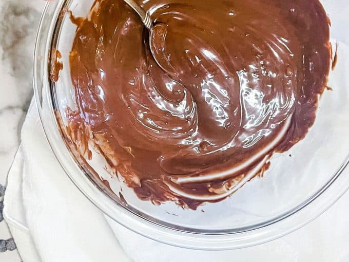 Photo of a bowl of melted chocolate chips and coconut oil.