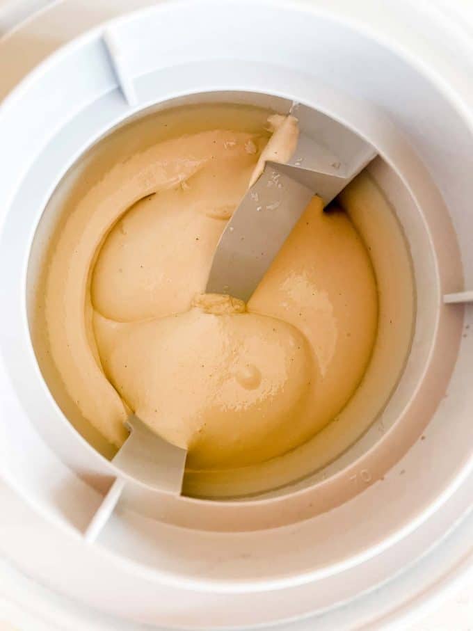 Photo of keto coffee ice cream in an ice cream maker.