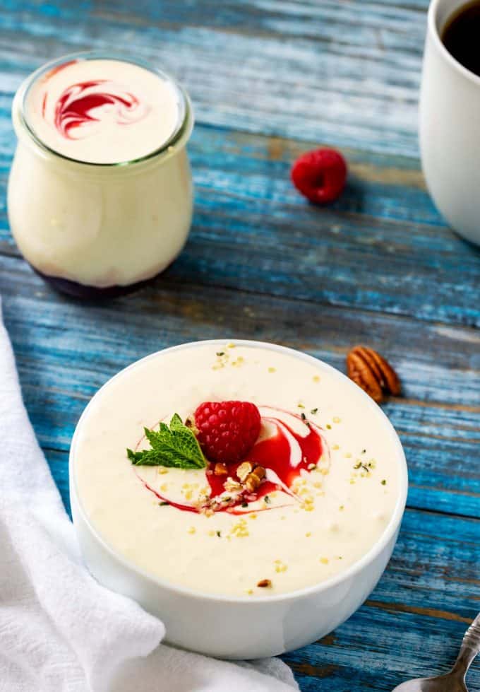 Side photo of a bowl of keto yogurt.