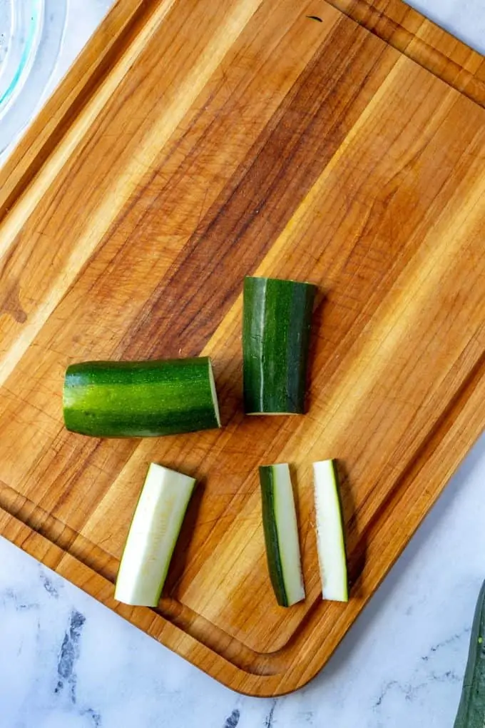 Photo of zucchini fries being cut.