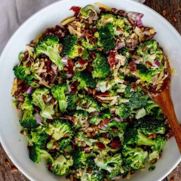 Overhead photo of a large white bowl of Keto Broccoli Salad.
