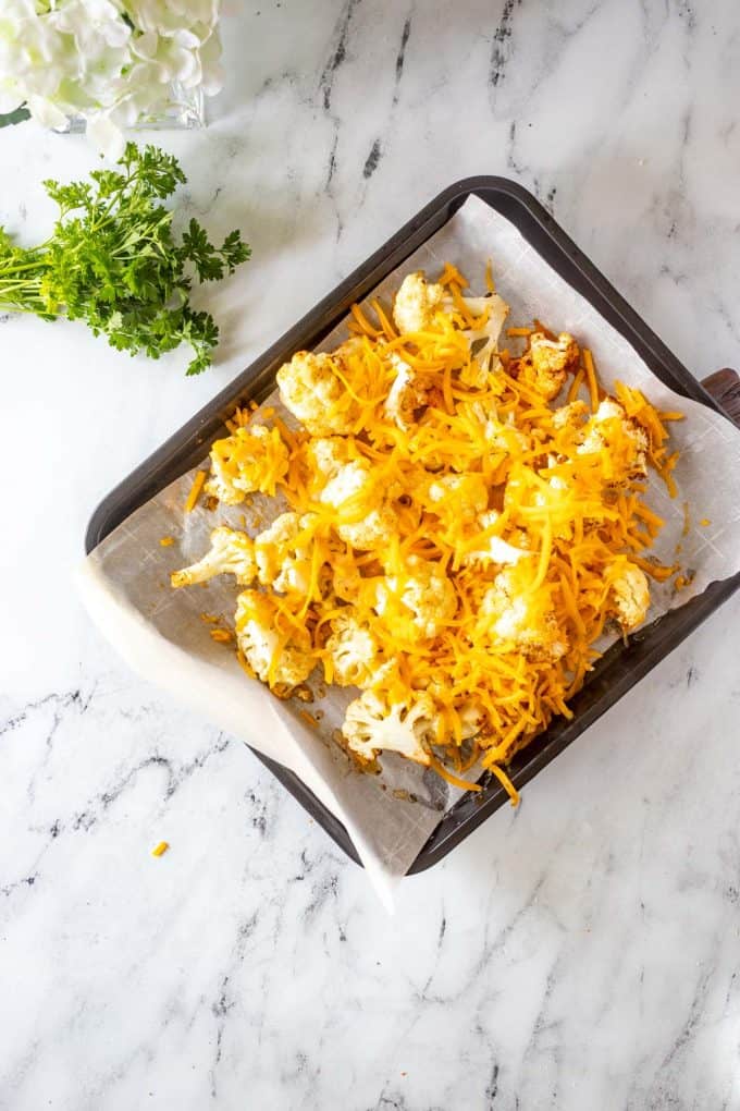 Sheet pan with roasted cauliflower topped with shredded cheddar ready to go into the oven to melt the cheese.