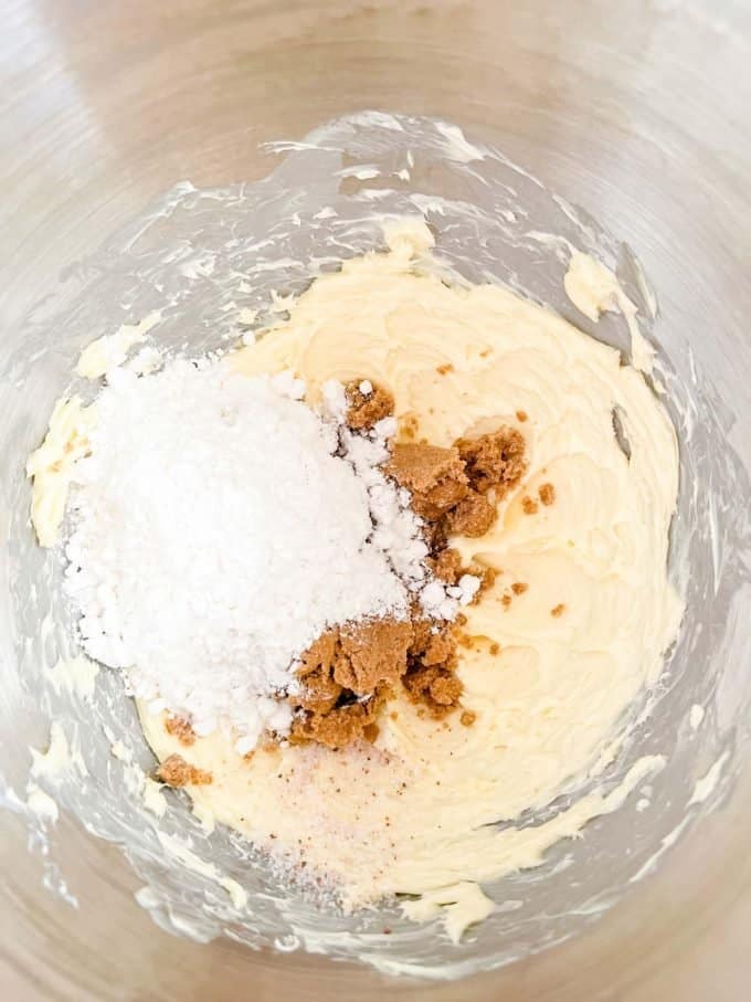 Photo of brown sugar substitute, Swerve, and salt in the bowl of a stand mixer.