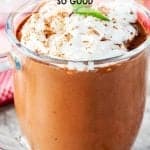 Photo of a glass mug with hot chocolate and the text above that says Keto Hot Chocolate.