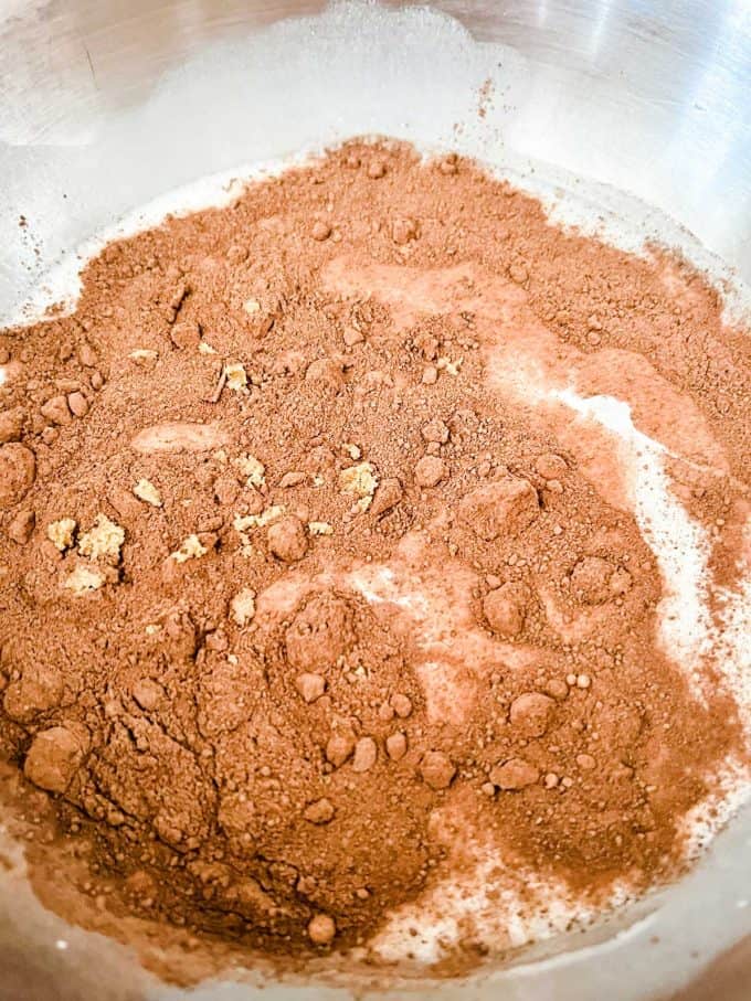 Photo of almond milk and heavy cream that has been sprinkled with cocoa powder.